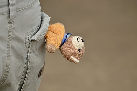 selective focus photography of brown and orange teddy bear on person pocket thumbnail