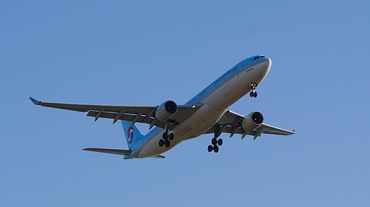 aerial photography of blue and white airplane under blue sky thumbnail