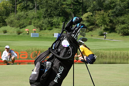 black Ping golf bag filled with golf clubs on golf field thumbnail