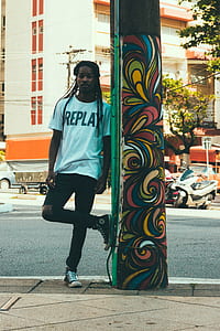 man wearing white crew-neck t-shirt and black Converse shoes thumbnail