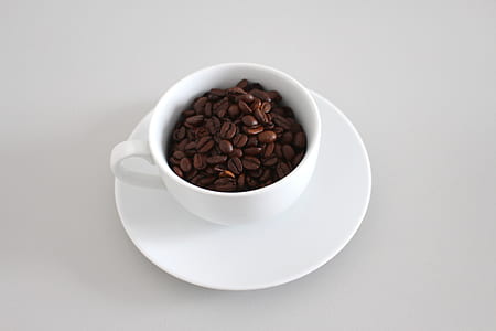 coffee beans inside white ceramic teacup with saucer thumbnail