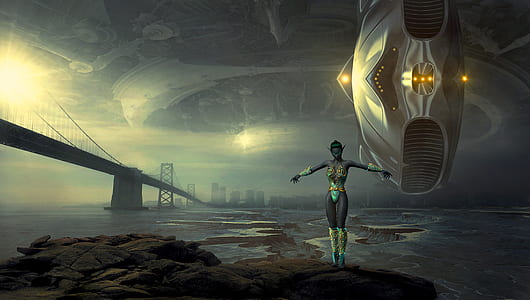 woman in green one-piece suit standing on rock beside body of water game digital wallpaper thumbnail