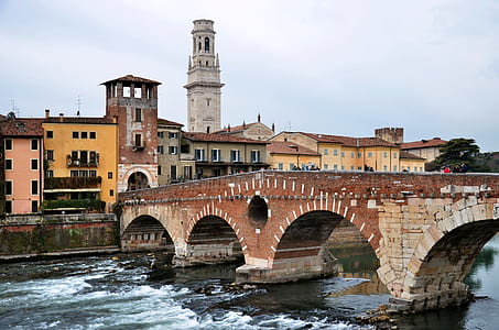 arch brick bridge near building under white sky thumbnail