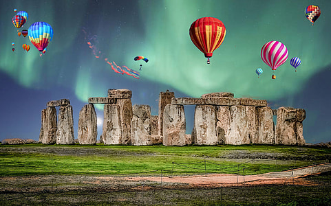 hot air balloon flying over stonehedge thumbnail
