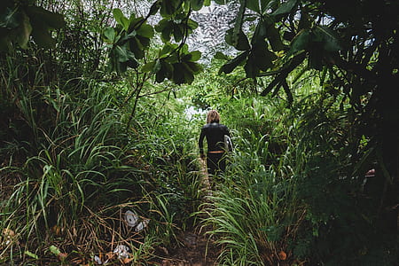 person wearing black top and black jeans walking on forest thumbnail