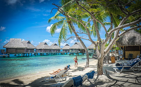 two women lying on white lounger beside seashore thumbnail