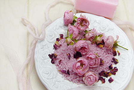 purple multi-petaled flowers on round white ceramic plate thumbnail
