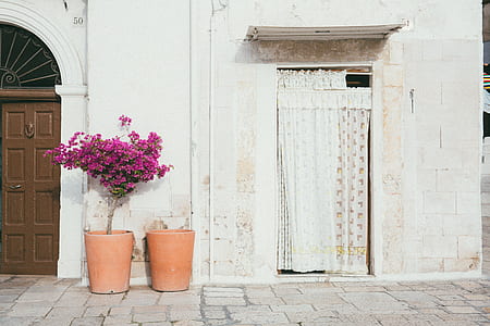 white concrete house with brown wooden 8-panel door thumbnail