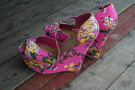 pink-yellow-and-green floral peep-toe wedge sandals thumbnail