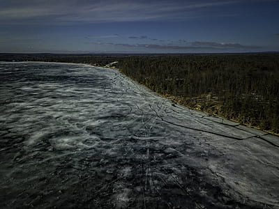 areal photography of sea near forest under blu sky thumbnail