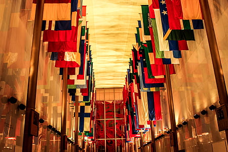 hanged flags inside building thumbnail