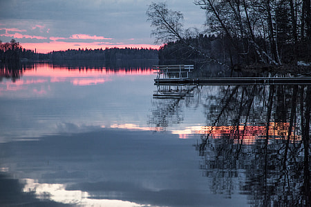body of water surrounded by trees during sunset thumbnail