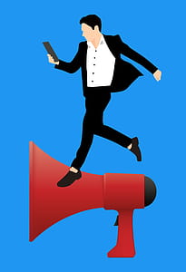 Marketing man standing on megaphone. thumbnail