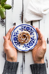 person holding white and blue floral plate thumbnail