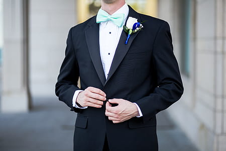 Man Wearing Black and Teal Tuxedo thumbnail