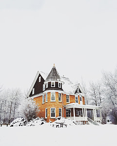 snow filled brown house surrounded trees thumbnail