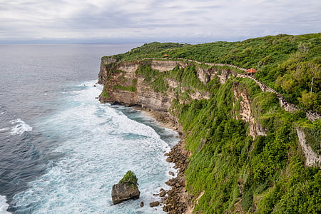 gray rock formation covered with greenery next to ocean thumbnail