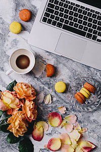 Overhead view of macarons on a marble slab thumbnail