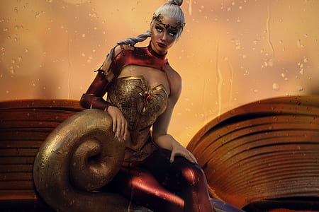 woman wearing red and gold-colored top wallpaper thumbnail