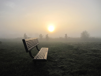 photo of black bench surrounded by fog during daytime thumbnail