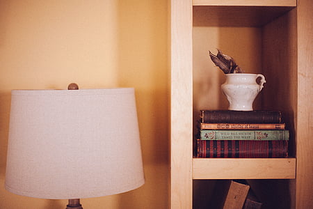 turned off table lamp beside shelf thumbnail