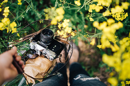 Woman with vintage camera in the field of blooming rapes thumbnail