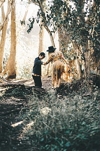couple holding hands while in the forest thumbnail
