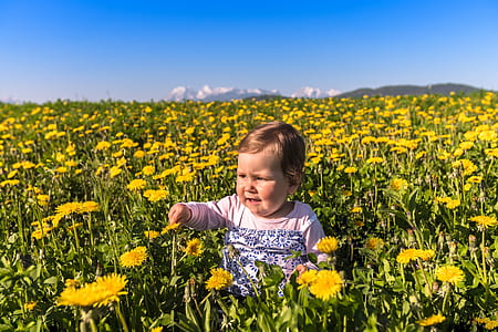 girl sitting on ground surrounded by yellow petaled flowers thumbnail