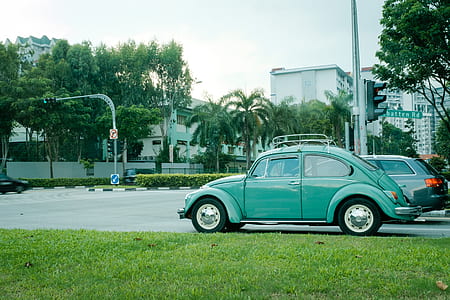 teal Volkswagen Beetle on road thumbnail