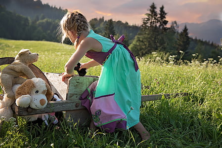 girl putting toys on wagon thumbnail