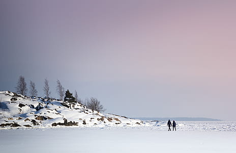 landscape photography of two person walking on snow covered field thumbnail