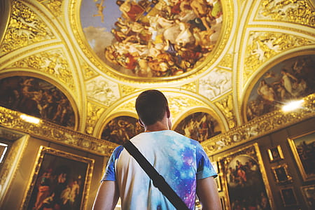man wearing blue and purple shirt standing inside building with assorted ceiling paintngs thumbnail