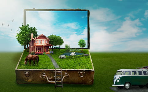 brown horse brown house near tree on suitcase thumbnail