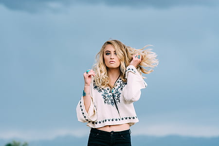 women's white and blue floral long-sleeved shirt thumbnail