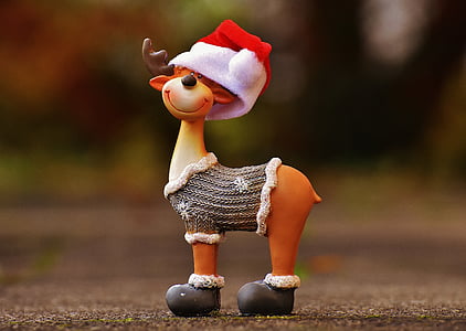 selective focus photography of reindeer wearing Christmas hat standing on gray concrete surface during daytime thumbnail