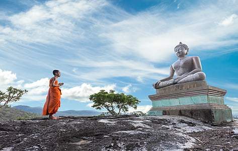 man praying in front of Gautama Buddha statue thumbnail