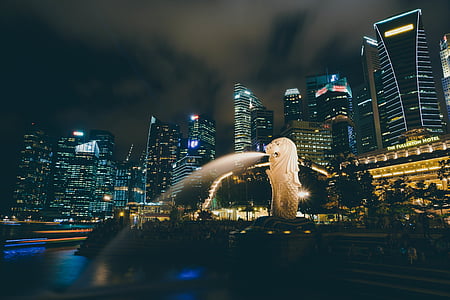 Merlion, Singapore during nighttime thumbnail