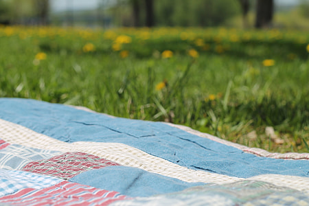 white and blue picnic mat near green grass thumbnail