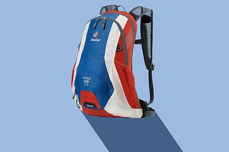 blue, red, and white backpack thumbnail