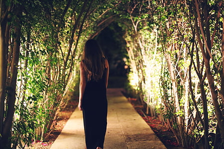 woman standing in the middle of pathway between inline trees thumbnail