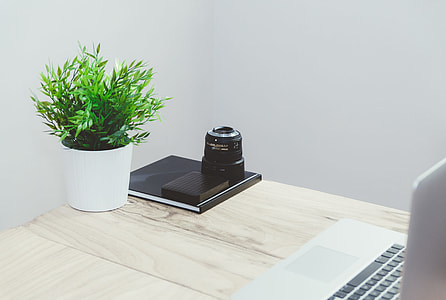 black teleconverter beside green leaf potted plant near silver laptop on white wooden table thumbnail