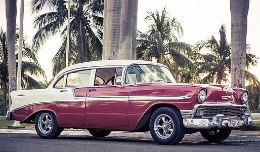 classic white and maroon sedan near palm trees thumbnail