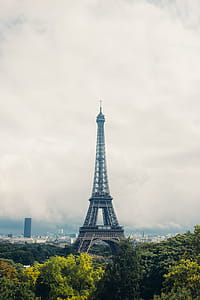 Eiffel tower surrounded by trees on a cloudy day thumbnail