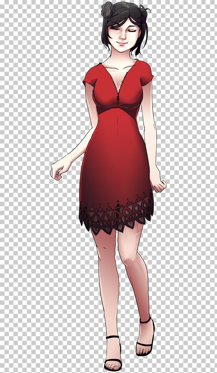 Black Hair Pin Up Girl Brown Hair Cartoon Girl In Red Dress Png