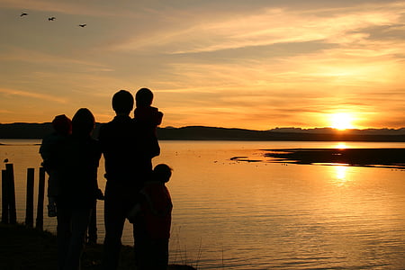 silhouette of family near body of water watching sunset thumbnail