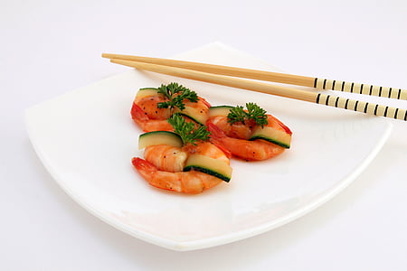 plate of shrimp dish with avocado and pair of chopsticks thumbnail