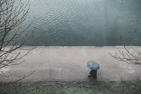 person with umbrella walking beside body of water thumbnail