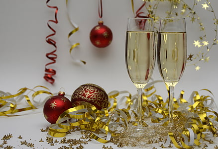 red baubles decor with two champagne glasses thumbnail