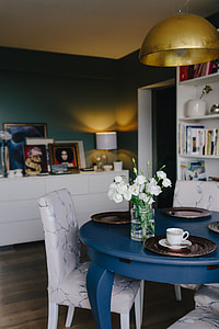 Modern dining room with blue table thumbnail