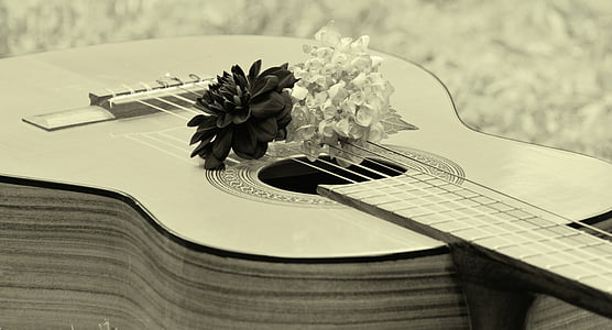 grayscale photo of guitar with flowers thumbnail